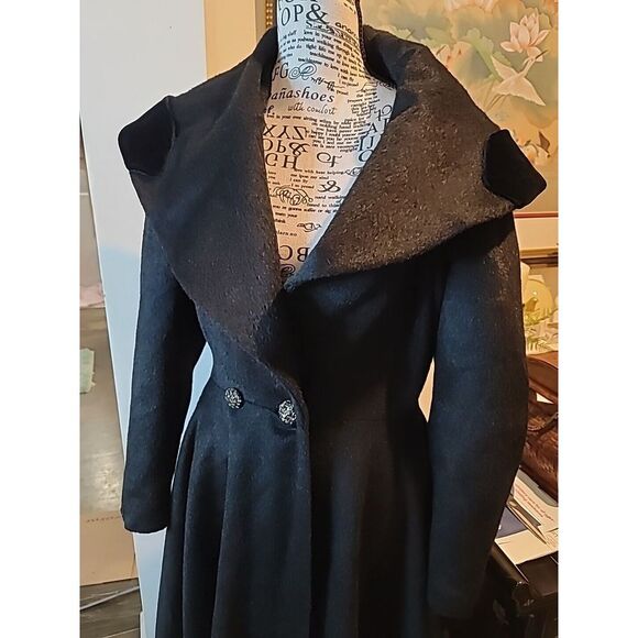 Vtg Lilli Ann Princess Coat 50s Shawl Collar Fit Flare Black Velvet Wool Sz 14 L - Picture 4 of 11